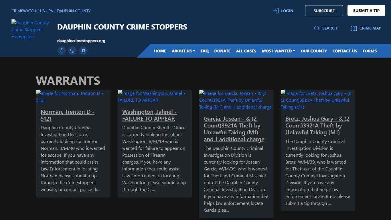 Dauphin County Crime Stoppers Warrants CRIMEWATCH